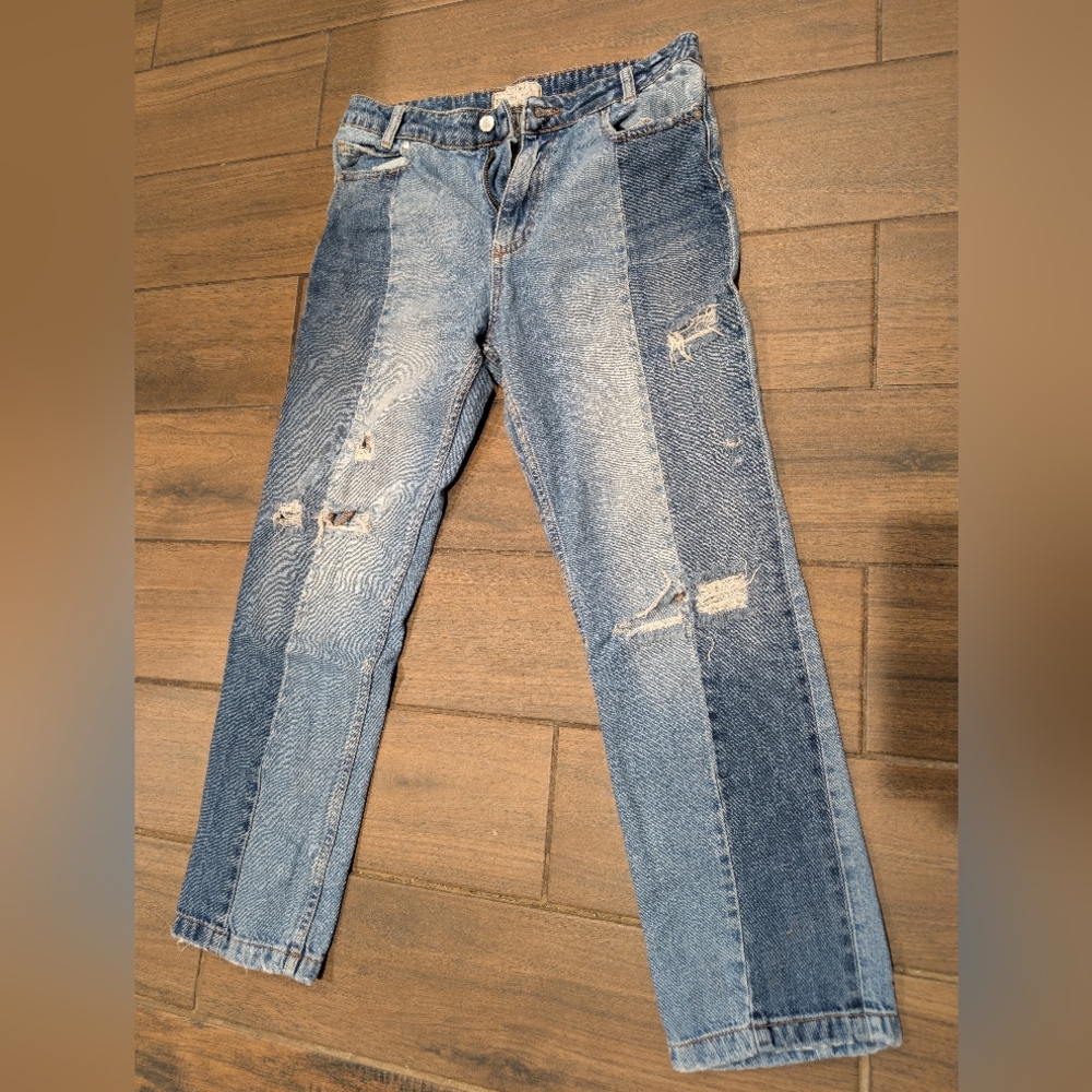 Women's Free People Distressed Patchwork Straight Leg Denim Jeans Size 28
